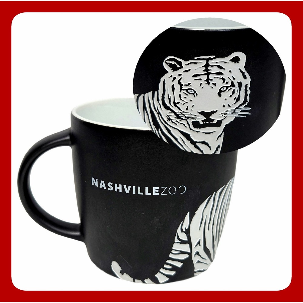 Nashville Zoo White Tiger Ceramic Mug Matte Black Raised Embossed Souvenir NWOT